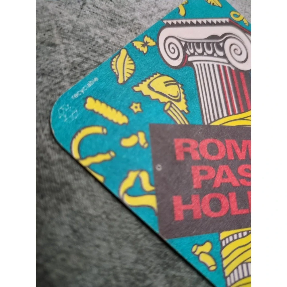 Vintage Paper Restaurant Coaster Roman‎ Pasta Holiday 80s 90s Teal Red Black